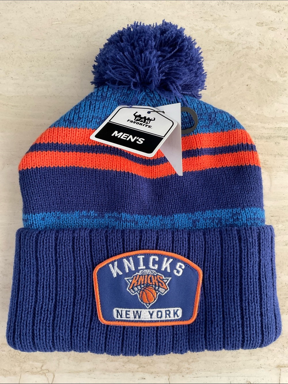 NY Knicks Men’s Pom Knit Hat Cuffed Logo Patch Blue NBA New York Basketball New